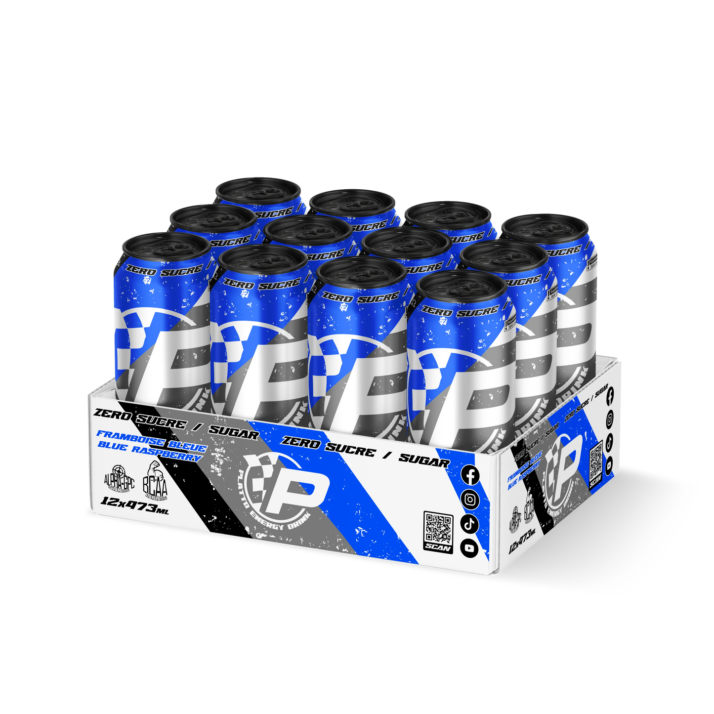 PLATTO ENERGY DRINK - BLUE RASBERRY ZERO SUGAR - 12 PACK