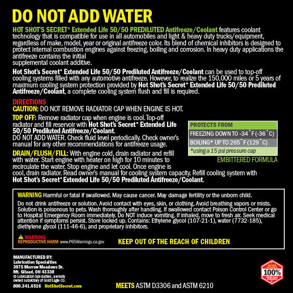 HOT SHOT'S SECRET HEAVY DUTY 50/50 GREEN ANTIFREEZE 150K MILE